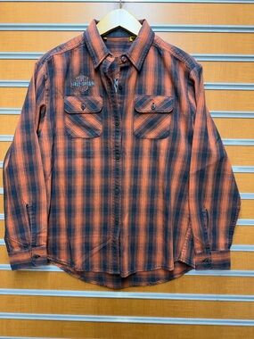 Harley-Davidson Orange and Black Plaid Button-Down Shirt